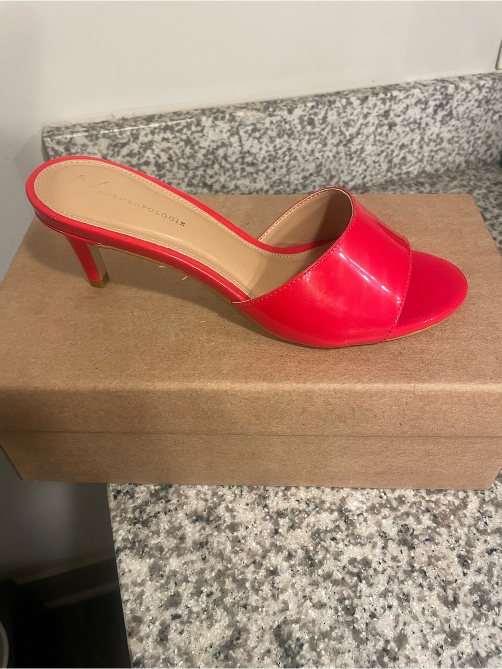 Anthropologie Red Patent Open-Toe Slide Heels - Picture 3 of 5